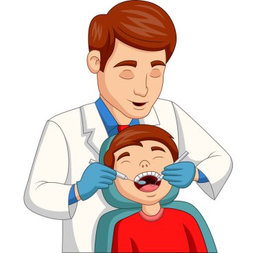 Dişlerini diş hekimi tarafından kontrol yaptıran Karikatür küçük çocuğun vektör illüstrasyon