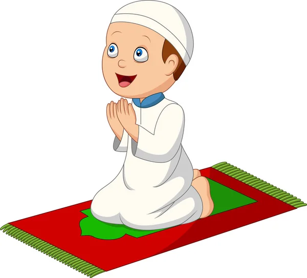 Vector Illustration Cartoon Muslim Boy Praying Prayer Rug — Stock Vector