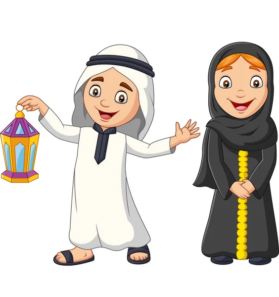 Illustration Vectorielle Des Enfants Musulmans Arabes Heureux Avec Lanterne Ramadan — Image vectorielle