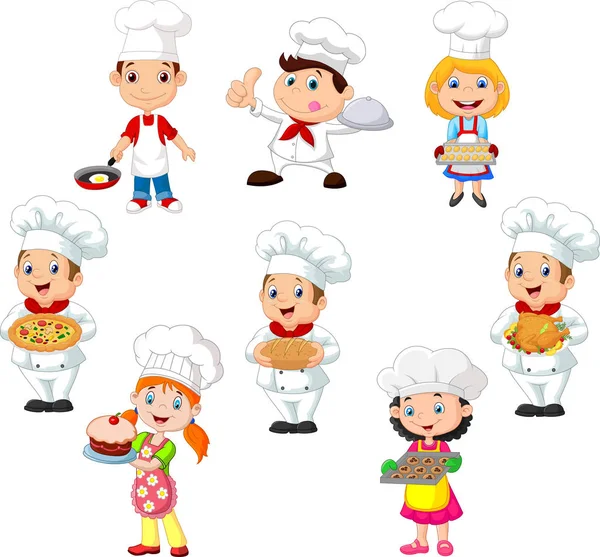 Ilustração Vetorial Coleção Crianças Cozinheiro Chef Fundo Branco — Vetor de Stock