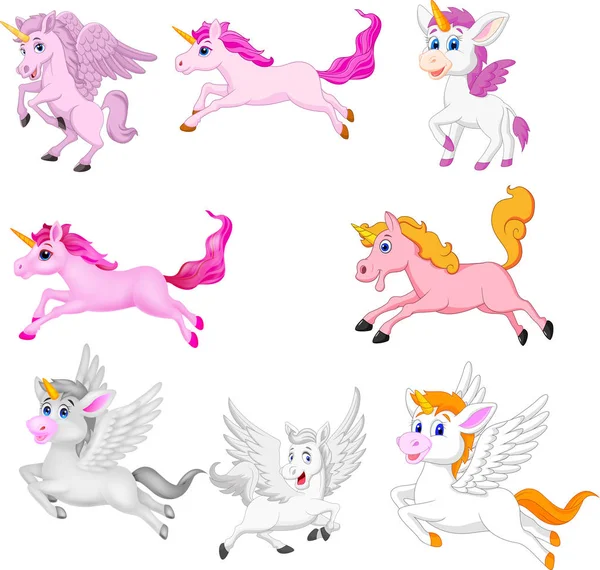Vector Illustration Set Cute Cartoon Unicorns Isolated White Background — Stock Vector