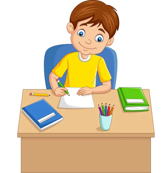 Ilustración Vectorial Del Niño Dibujos Animados Estudiando Sobre Mesa — Vector de stock