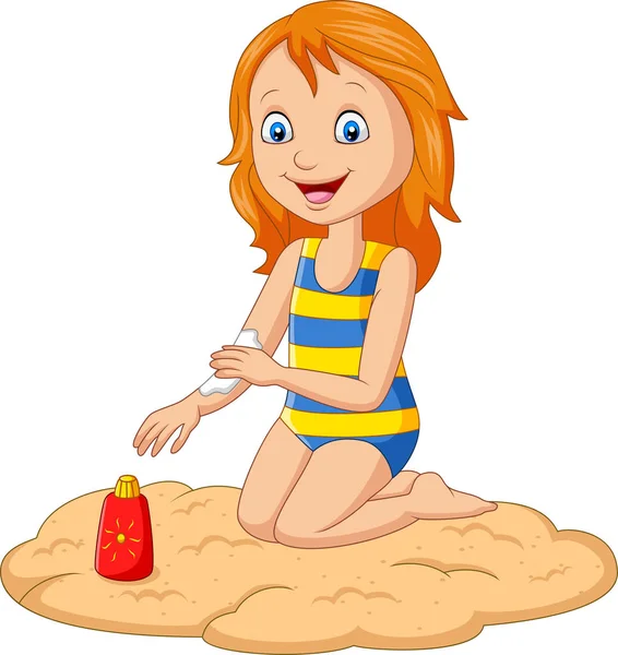 Ilustracja Wektorowa Małej Dziewczynki Stroju Kąpielowym Stosujące Balsam Opalania Ramieniu — Wektor stockowy