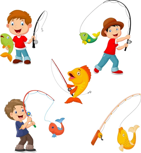Vector Illustration Set Little Boys Fishing — Stock Vector