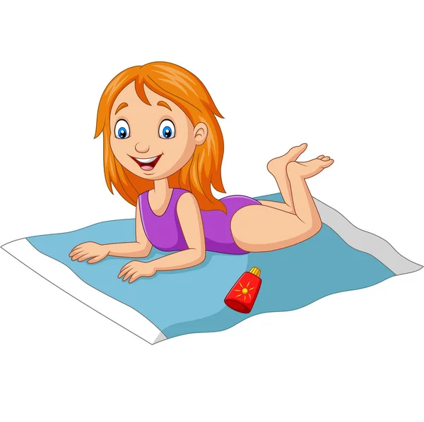 Vector Illustration Cartoon Girl Swimsuit Lying Beach — Stock Vector