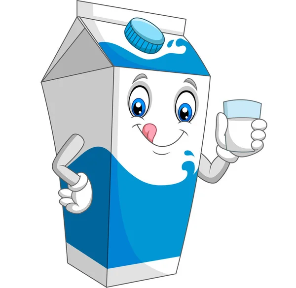 Vector Illustration Cartoon Milk Box Holding Glass Milk — Stock Vector