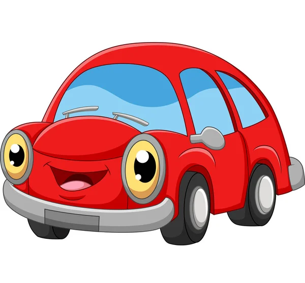 Vektor Ilustrasi Kartun Mobil Merah Tersenyum Pada Latar Belakang Putih - Stok Vektor