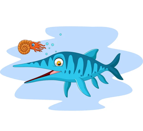 Vector Illustration Cartoon Smiling Ichthyosaurus Nautilus — Stock Vector