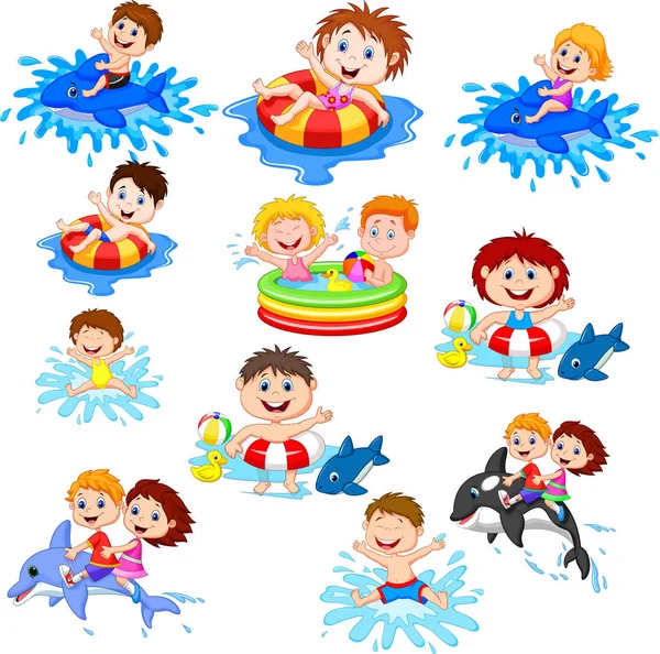 Vector Illustration Cute Little Kids Playing Beach — Stock Vector