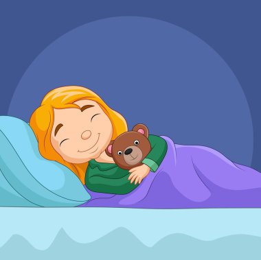 Vektör Illustration karikatür küçük kız Sleeping ile dolma ayı