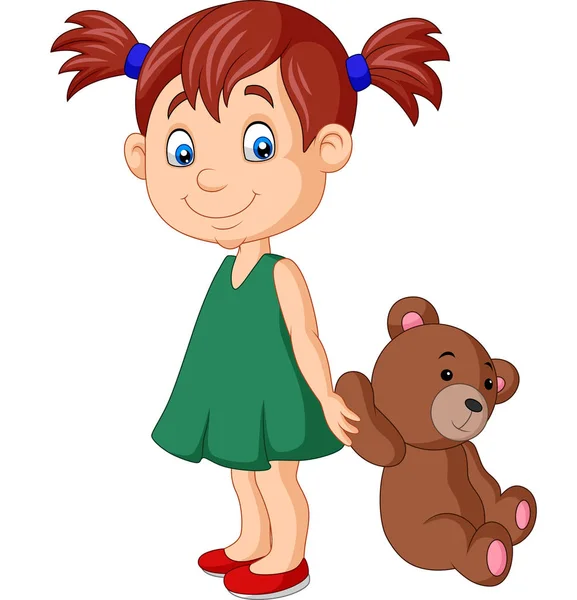 Vector Illustration Cartoon Little Girl Teddy Bear — Stock Vector