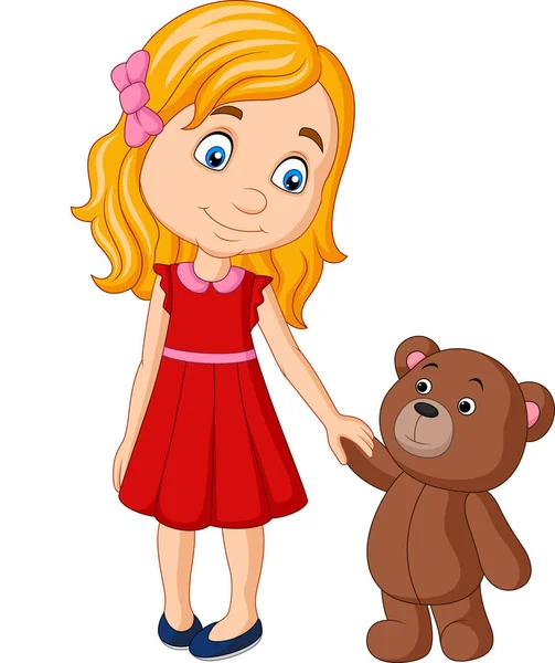 Vector Illustration Cartoon Little Girl Teddy Bear Holding Hand Together — Stock Vector