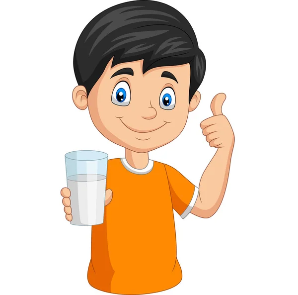 Vector Illustration Cartoon Little Boy Glass Milk Giving Thumb — Stock Vector