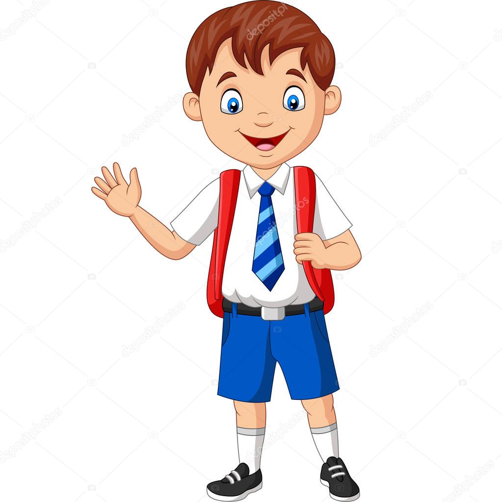 Vector Illustration Cartoon School Boy Uniform Waving Hand ...