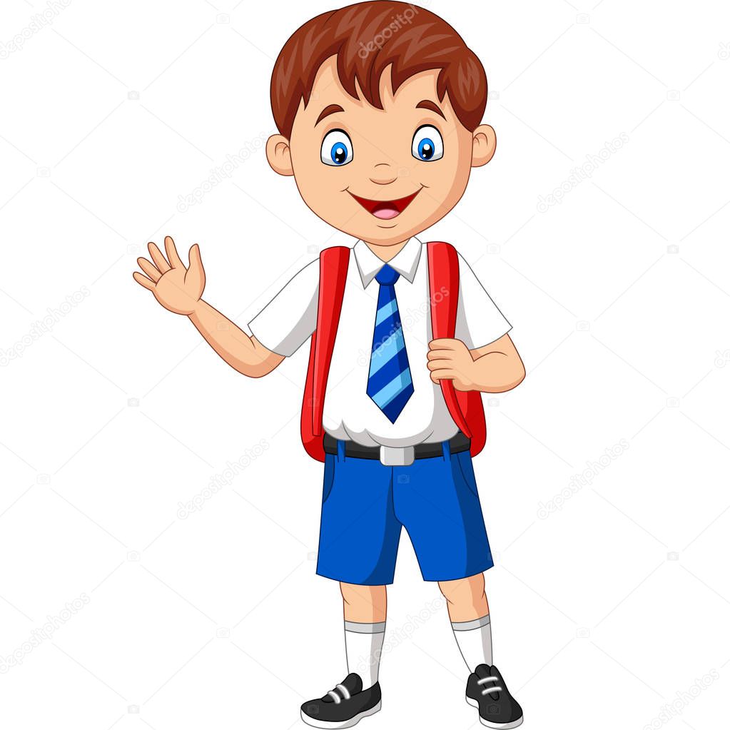 Vector illustration of Cartoon school boy in uniform waving hand