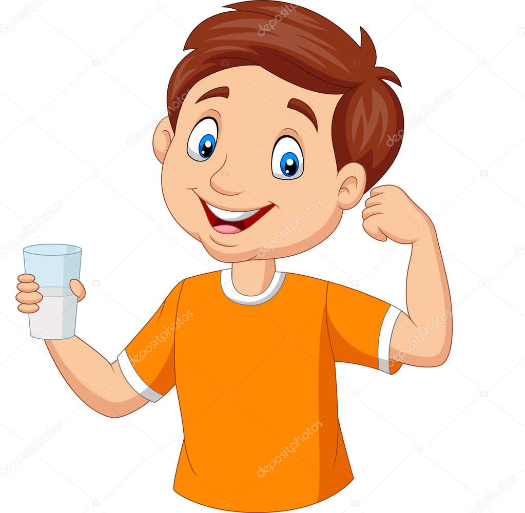 Vector illustration of Cartoon little boy holding a glass of milk