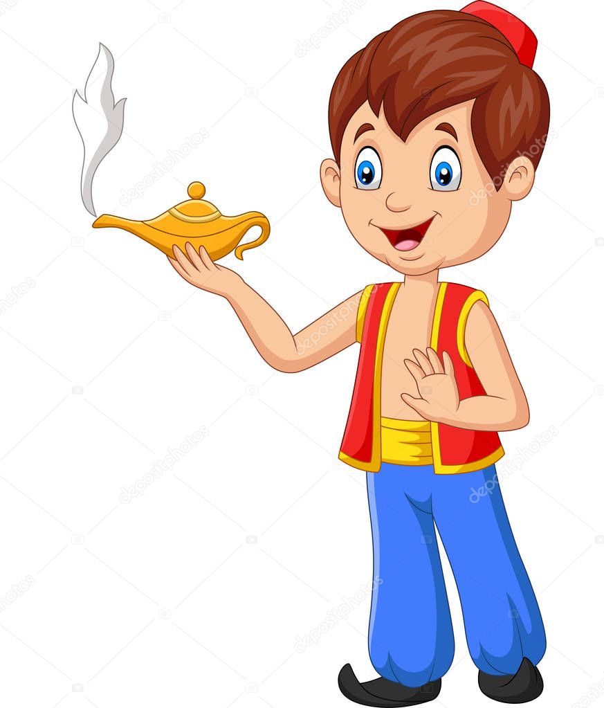 Vector illustration of Cartoon little Aladdin holding his magic lamp