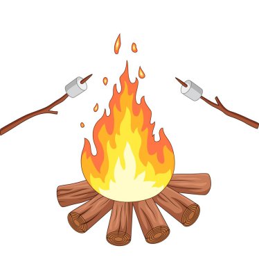 Campfire ve marshmallow kızartma bir sopa üzerinde Vektör illüstrasyon