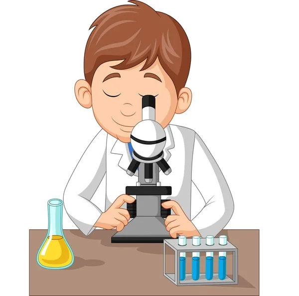 Ilustração Vetorial Menino Usando Microscópio Laboratório —  Vetores de Stock