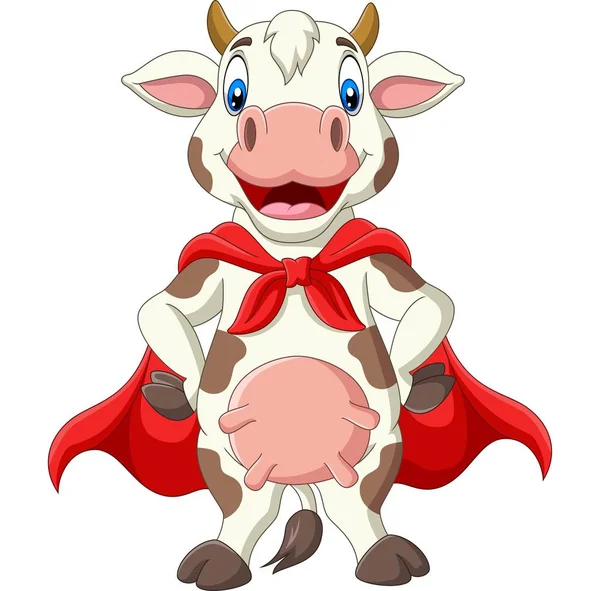 Vector Illustration Cartoon Superhero Cow Red Cape Posing — Stock Vector