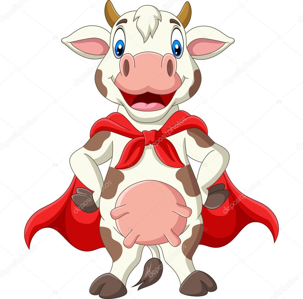 Vector illustration of Cartoon superhero cow in red cape posing