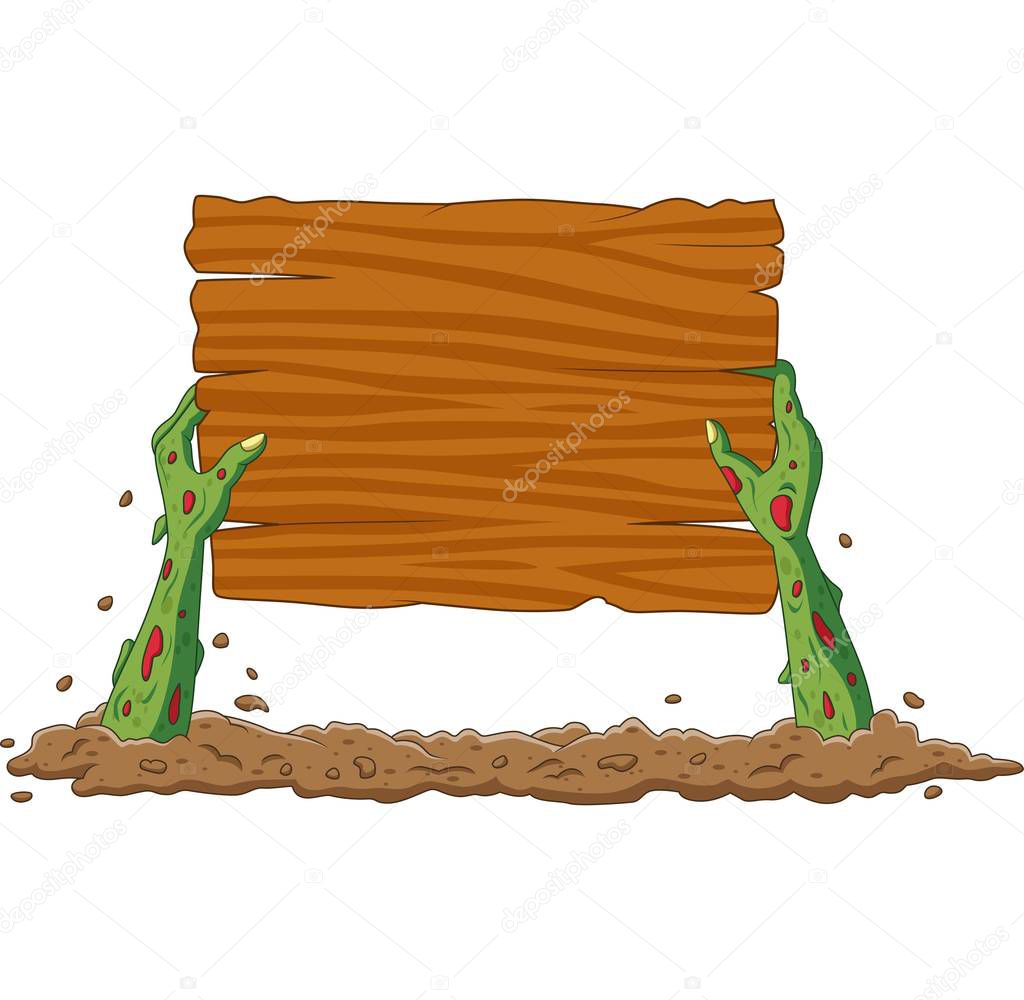 Vector illustration of Cartoon zombie hands out of the ground holding blank sign