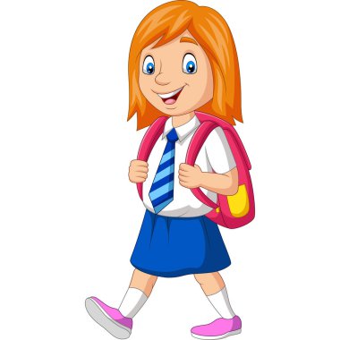 Karikatür mutlu okul kız üniforma taşıma sırt çantası vektör Illustration
