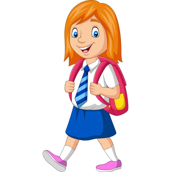 Vector Illustratie Van Cartoon Gelukkig Schoolmeisje Uniform Dragen Rugzak — Stockvector