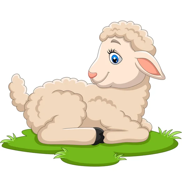 Vector Illustration Cartoon Happy Lamb Sitting Grass — Stock Vector