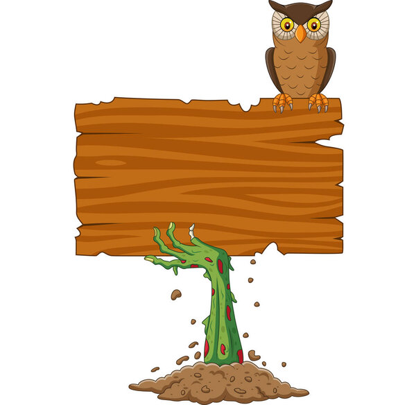 Векторная иллюстрация зомби-руки с пустым знаком с птицей-совой
