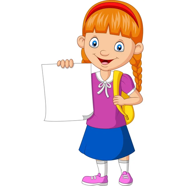 Vector Illustration Cartoon School Girl Holding Blank Paper — Stock Vector