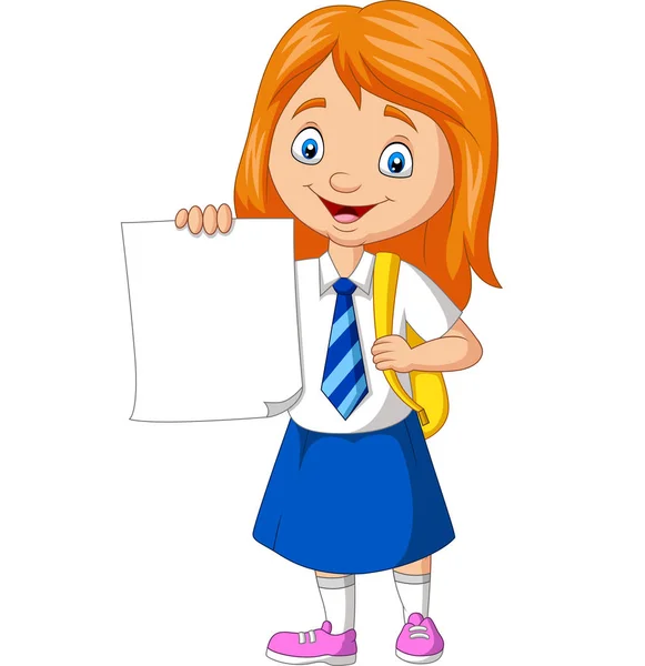 Vector Illustration Cartoon School Girl Uniform Holding Blank Paper — Stock Vector