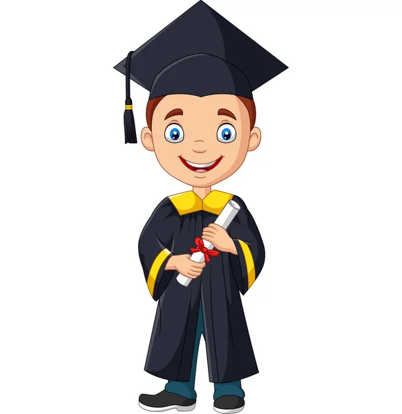 Vektor Ilustrasi Kartun Anak Laki Laki Wisuda Kostum Memegang Diploma - Stok Vektor