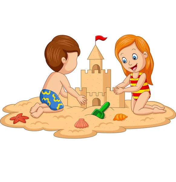 Illustration Vectorielle Enfants Faisant Château Sable Sur Une Plage Tropicale — Image vectorielle