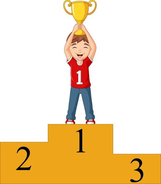 Vector Illustration Cartoon Boy Standing Winning Podium Holding Trophy — Stock Vector