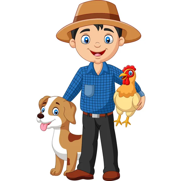 Vector Illustration Cartoon Young Farmer Hen Dog — Stock Vector