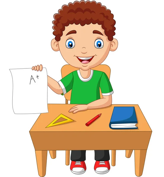 Vektorová Ilustrace Kresleného Malého Chlapce Který Drží Papír Třídou — Stockový vektor