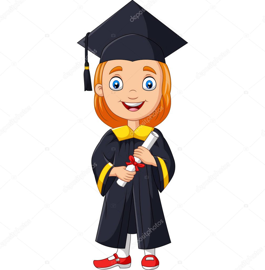 Vector illustration of Cartoon girl in graduation costume holding a diploma