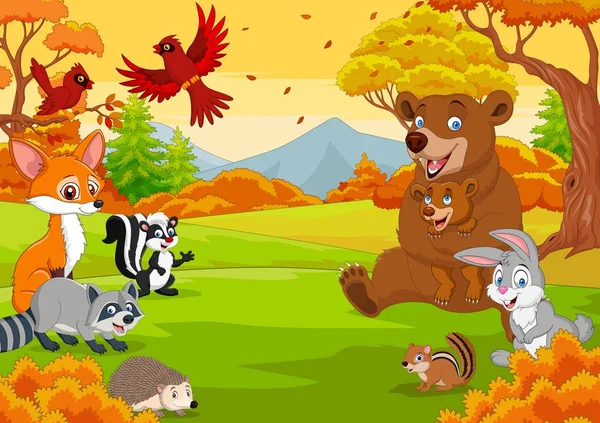 Ilustración Vectorial Animales Salvajes Dibujos Animados Bosque Otoñal — Vector de stock