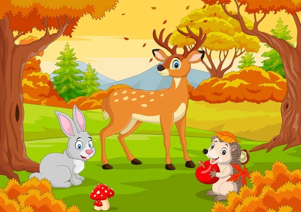 Sonbahar Ormanındaki Çizgi Filmlerdeki Vahşi Hayvanların Vektör Çizimi — Stok Vektör