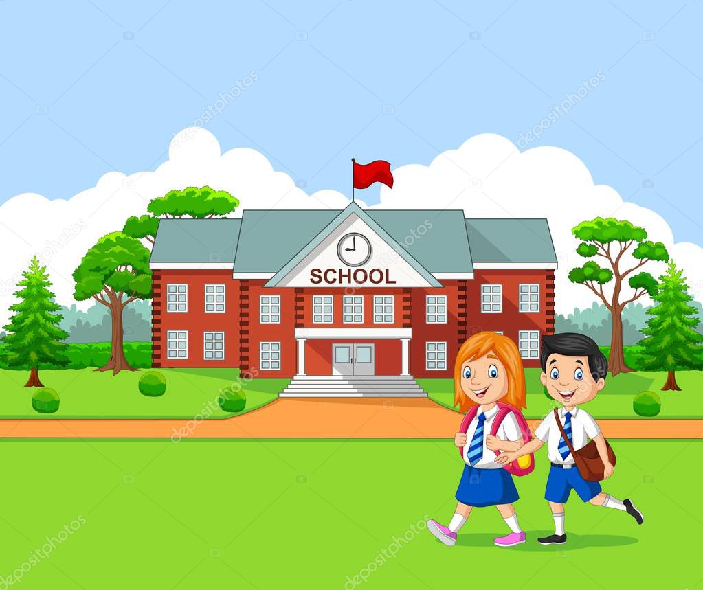 Vector illustration of Happy little kids going to school