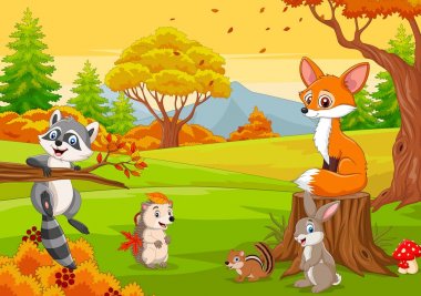 Sonbahar ormanındaki çizgi filmlerdeki vahşi hayvanların vektör çizimi.