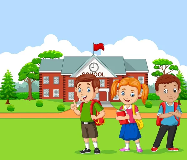Εικονογράφηση Διάνυσμα Ευτυχισμένο Παιδιά Του Σχολείου Μπροστά Από Σχολείο — Διανυσματικό Αρχείο