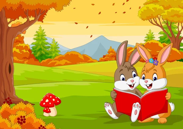 Векторная Иллюстрация Мультипликационных Пар Кроликов Читающих Книгу Осеннем Лесу — стоковый вектор