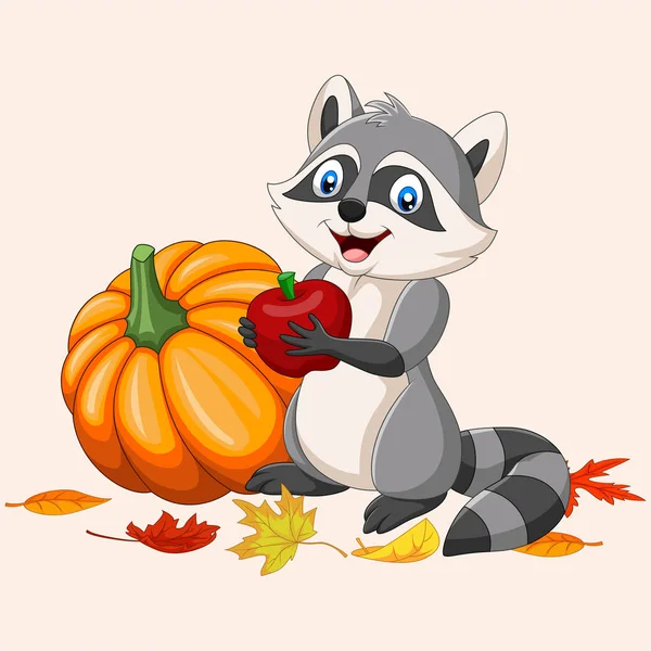 Vektor Illustration Tecknad Raccoon Holding Rött Äpple Och Pumpa — Stock vektor