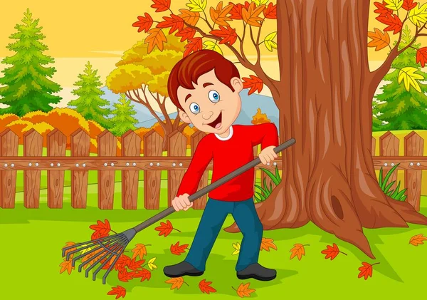 卡通男性清洁扫秋叶与拉子的矢量插图 — 图库矢量图片