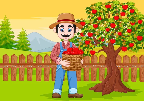 Ilustración Vectorial Del Granjero Macho Dibujos Animados Sosteniendo Cesta Manzana — Vector de stock