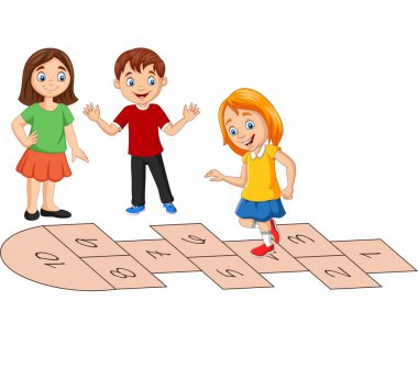 Beyaz arka planda hopscotch oynayan çocukların vektör illüstrasyonu