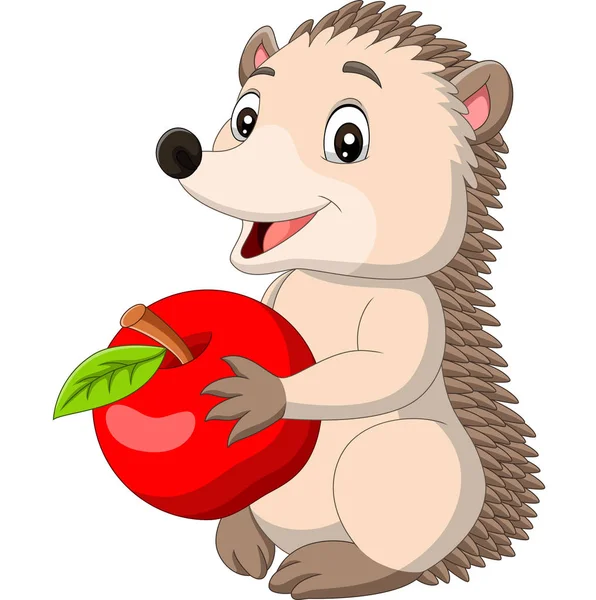 Vector Illustration Cartoon Baby Hedgehog Holding Red Apple — Stock Vector