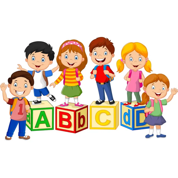 Vector Illustration Happy School Children Alphabet Blocks — Stock Vector